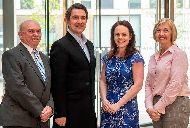From left - Stuart Yuill (Director at DSL) , Andrew Kinsler (Operations Director at SMS) , Digital Economy Minister Kate Forbes MSP, Liz McCutcheon (Project Manager at LESL)