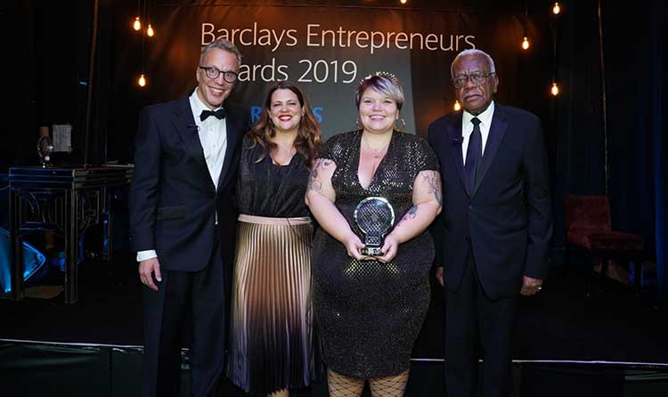 left to right is: Richard Heggie, Head of High Growth & Entrepreneurs Propositions; Business Banking at Barclays Juliet Rogan, Head of High Growth & Entrepreneurs Coverage; Business Banking at Barclays Brie Read, founder of Snag Sir Trevor McDonald OBE (host)